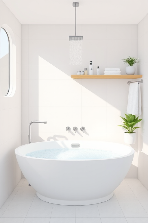Regenerate a minimalistic bathroom illustration with a freestanding bathtub filled with bubbles, a showerhead above, neatly arranged bath products on shelves, towels hanging, with a potted plant, using a wide-angle lens at f/8, 1/125 sec shutter speed, ISO 200, natural lighting for enhanced clarity and detail.
