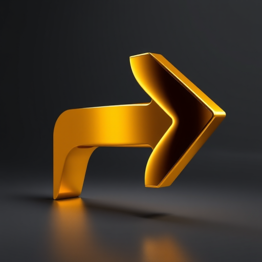 Create a high-resolution 3D rendering of a glossy golden right arrow, with a focus on its reflective surface, captured using a DSLR camera at f/8 aperture, ISO 100, and a focal length of 50mm, in a well-lit studio environment to enhance highlights and shadows.