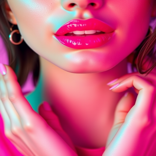Playful neon pink lips with a high-shine finish, embodying youthful energy and exuberance, perfect for fun and vibrant makeup looks