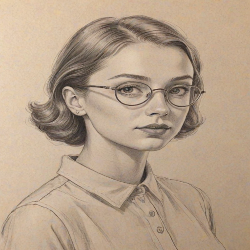 Graceful Emma Chamberlain, pencil sketch, portrait of Comely woman 1934s in glasses, hair style beatnik, outline, clear lines, fine lines, 8k