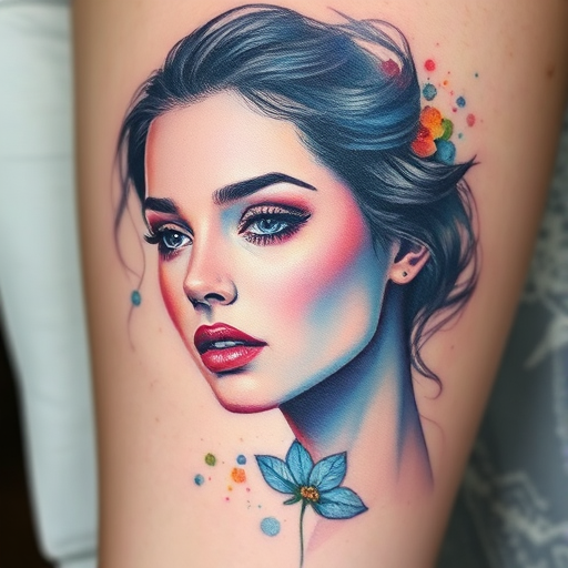 Watercolor portrait tattoo titled "Ethereal Beauty" combining realistic facial features with soft dreamy washes of color to create a captivating and emotive piece that appears to float on the skin