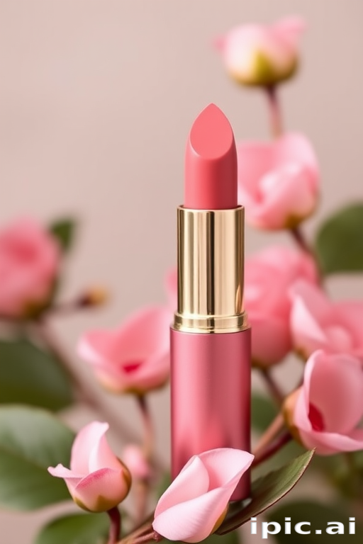 Elegant "Rose Petal" satin-finish lipstick in soft pink, infused with nourishing oils for a smooth application, perfect for romantic and feminine styles