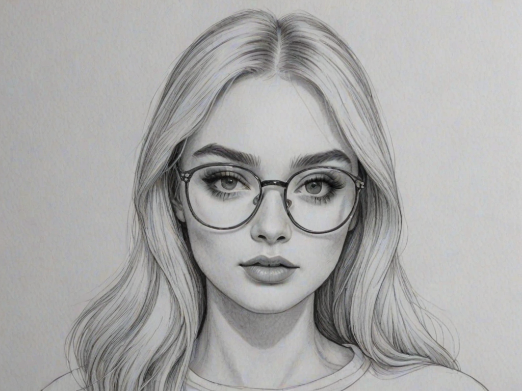 Ravishing Kim Petras, pencil sketch, portrait of Charming woman 1969s in glasses, hair style beatnik, outline, clear lines, fine lines, 8k