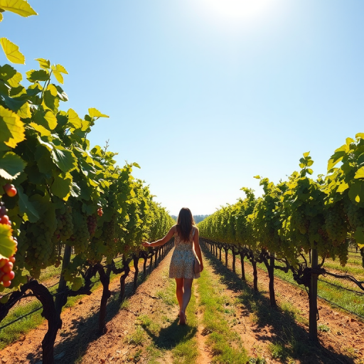 Sun-drenched vineyard, rows of grapevines stretching out under a bright blue sky, a woman walks slowly through the field, her hands gently brushing the ripe fruit.
