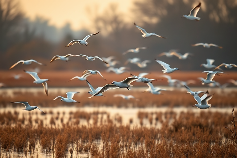 Capture a serene morning scene of a flock of white birds in flight over a tranquil wetland, using a Canon EOS 5D Mark IV, 135mm lens, ISO 200, f/5.6 aperture, and a shutter speed of 1/1000s, with a soft focus background and warm golden light.