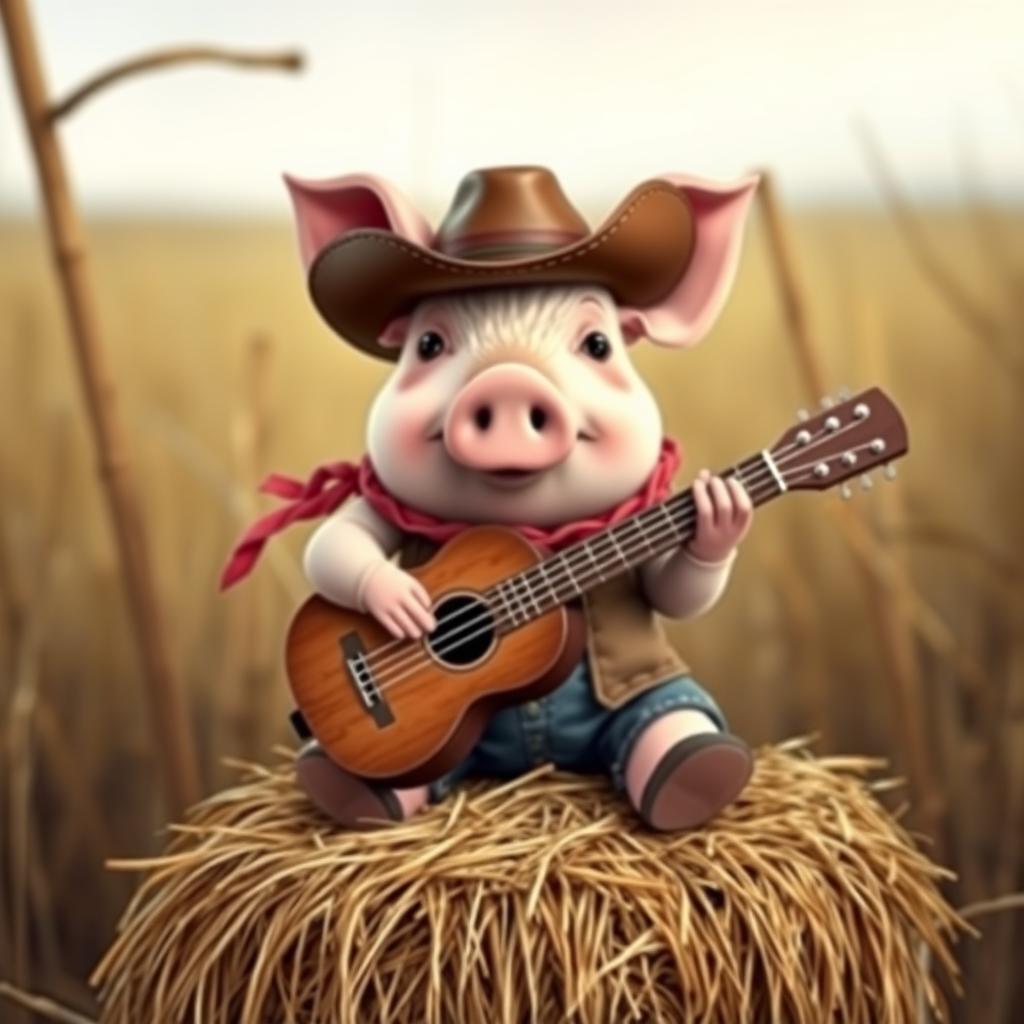 A chibi pig, dressed as a cowboy, playing guitar, sitting on a hay bale