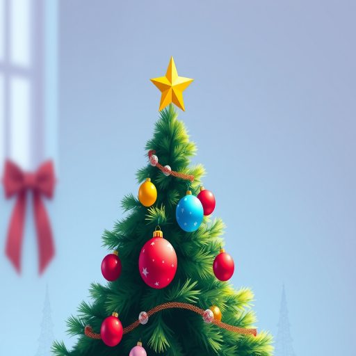 Create a vibrant illustration of a decorated Christmas tree with a star on top, colorful ornaments like red and blue balls, and a garland, shot with a DSLR camera at f/2.8 aperture, ISO 100, 50mm lens, in a bright and airy studio setting to enhance colors and sharpness.