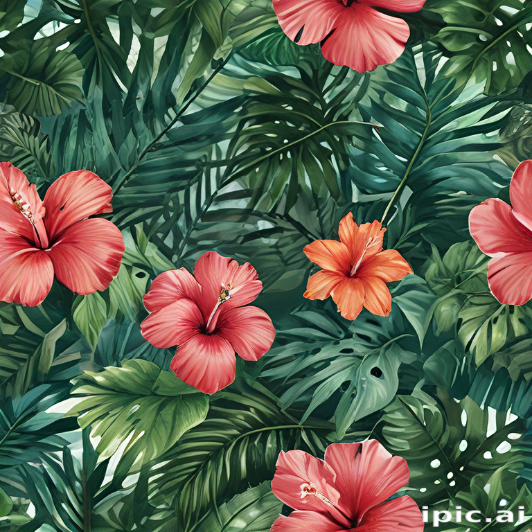 Vibrant Tropical Floral Pattern Featuring Hibiscus Flowers and Lush ...