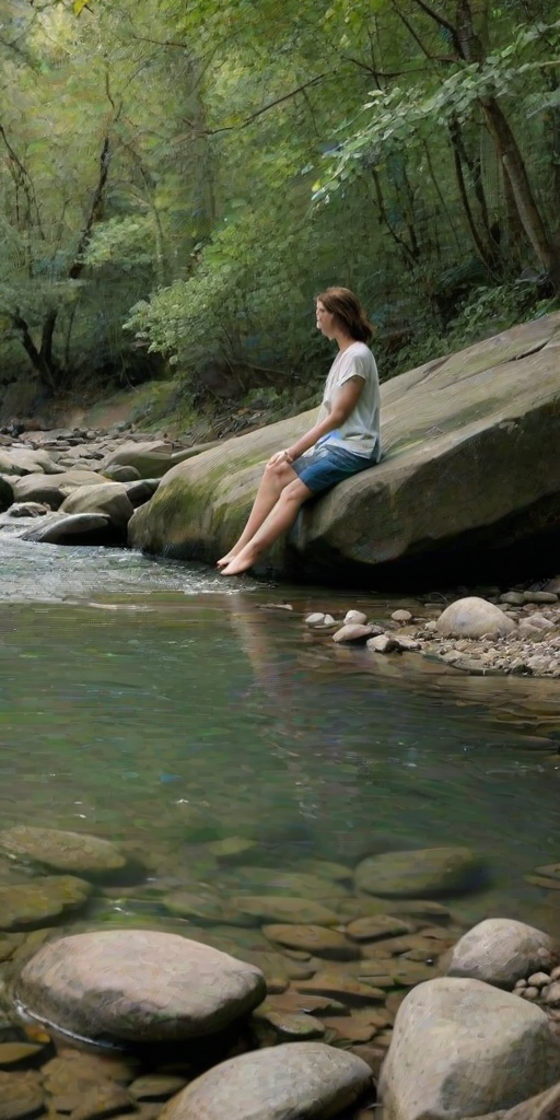 Secluded riverbank, the water flowing quietly past, as a woman sits on a large rock, her toes dipping into the cool water, with dense trees all around.