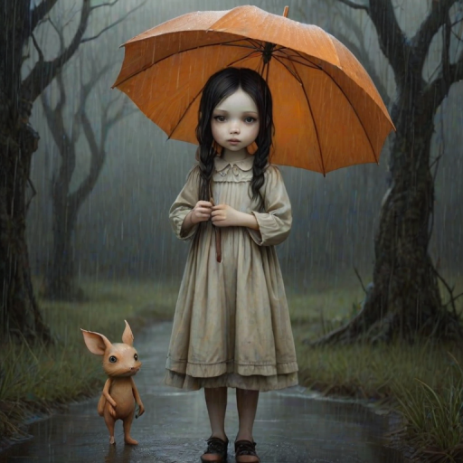 An eerie, weird little girl with dark hair in thin pigtails, wearing a smock dress, standing in the rain, holding a dirty orange umbrella, a small, odd creature beside her. In a surreal style inspired by Nicoletta Ceccoli and Brian Froud. Dark fantasy themes