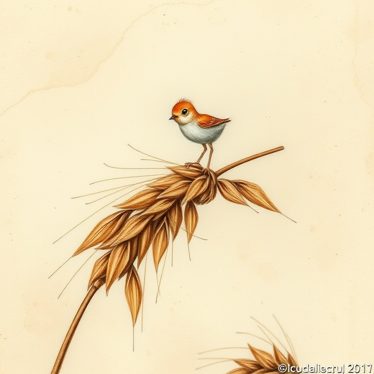 Soft, muted Alcohol Ink with ebru effect background image of tiny whimsical gazalle, who climbed high on the top of a golden rye ear.