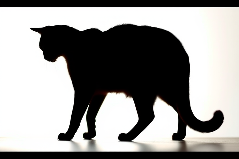Create a high-resolution image of a stylized cat silhouette on a bright background, 50mm lens, f/2.8 aperture, 1/200s shutter speed, shot from a low angle, using a full-frame DSLR camera.