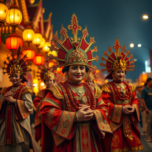 Regenerate the image of a vibrant street festival with intricately dressed figures in ornate costumes, emphasizing a mystical atmosphere, using a Canon EOS R5 camera with a 24-70mm lens at f/2.8, ISO 200, and a shutter speed of 1/125 sec, taken from a low angle to capture the grandeur and detail.