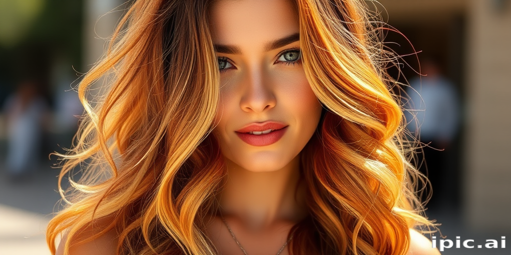 Radiant sunlight illuminates a woman with Sunset Ombre tresses, cascading waves transitioning from deep auburn roots to brilliant golden tips, styled in loose beachy curls framing her face
