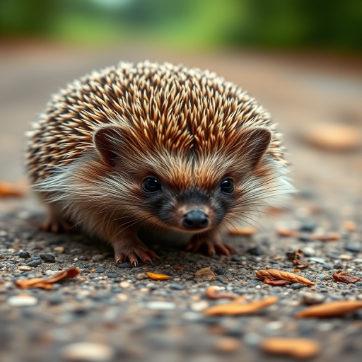 A close-up shot of a hedgehog walking on a path, captured with a Canon EOS 5D Mark IV, 50mm lens, f/2.8 aperture, ISO 200, 1/250 sec shutter speed, shallow depth of field to enhance focus on the hedgehog while softly blurring the background.