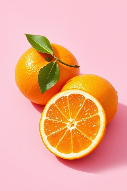 Create a vibrant illustration of two oranges and a slice resting on a pastel pink background, using a Canon EOS R5 with a 50mm f/1.2 lens at f/2.8, with soft natural lighting and a slight bokeh effect to enhance the foreground details.