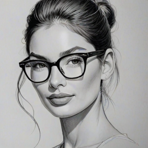 Pleasing Lily Aldridge, pencil sketch, portrait of Radiant woman 1953s in glasses, hair style beatnik, outline, clear lines, fine lines, 8k