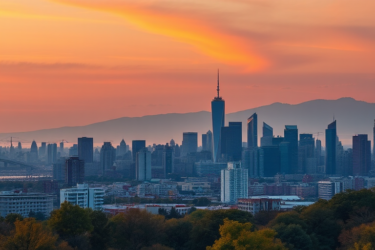 Generate a high-resolution image of a city skyline at sunset with warm tones, using a Canon EOS R5 camera, 24mm focal length, aperture at f/8, ISO 200, HDR style, landscape view, and a vibrant color palette to enhance the visual appeal.