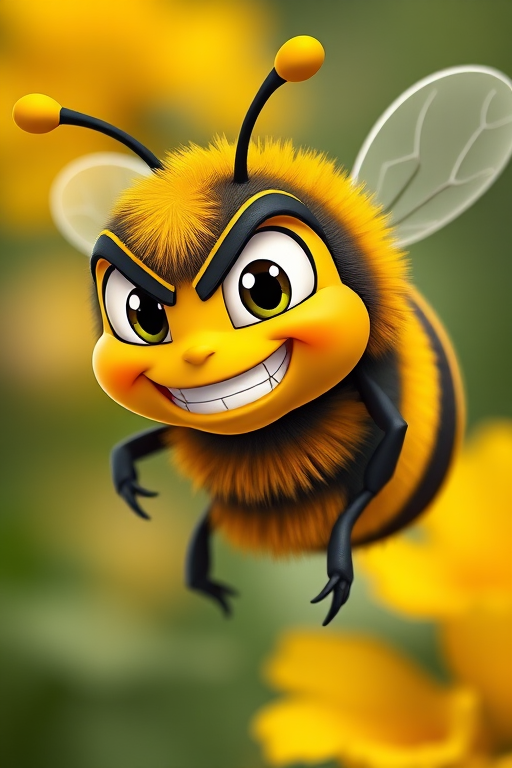 Create a vibrant cartoon bee character with a mischievous expression, in a bright yellow and black color scheme, high-resolution, shot with a Canon EOS 5D Mark IV, 50mm lens, f/2.8 aperture, natural lighting, and a soft focus background.