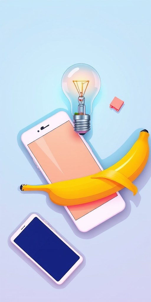 Create a vibrant illustration of a light bulb, a smartphone, and a banana arranged playfully, using a digital art style, shot from a top-down view with a 50mm lens, f/2.8 aperture, ISO 100, and soft natural lighting to enhance clarity and color saturation.