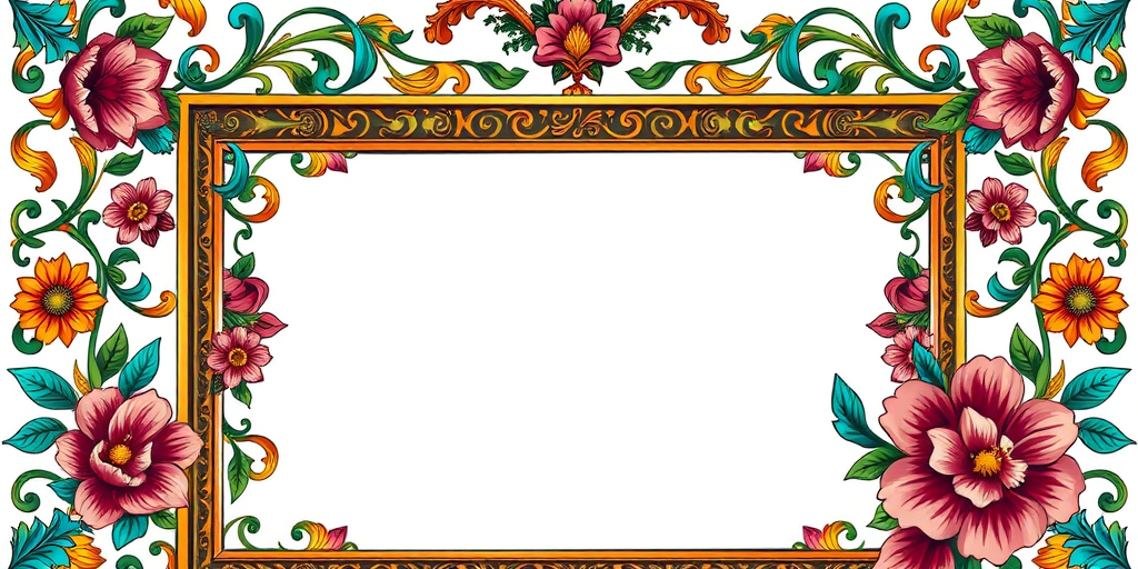 Create a highly detailed digital illustration of an ornate frame with intricate floral patterns and vibrant colors, using a 50mm lens at f/2.8, 1/60s shutter speed, in a top-down perspective with a high-quality DSLR camera.