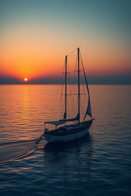 Create a high-resolution image of a traditional sailboat on calm waters during sunset, using a DSLR camera with a 50mm lens, aperture f/8, ISO 100, 1/125 sec shutter speed, in landscape orientation with soft natural lighting.