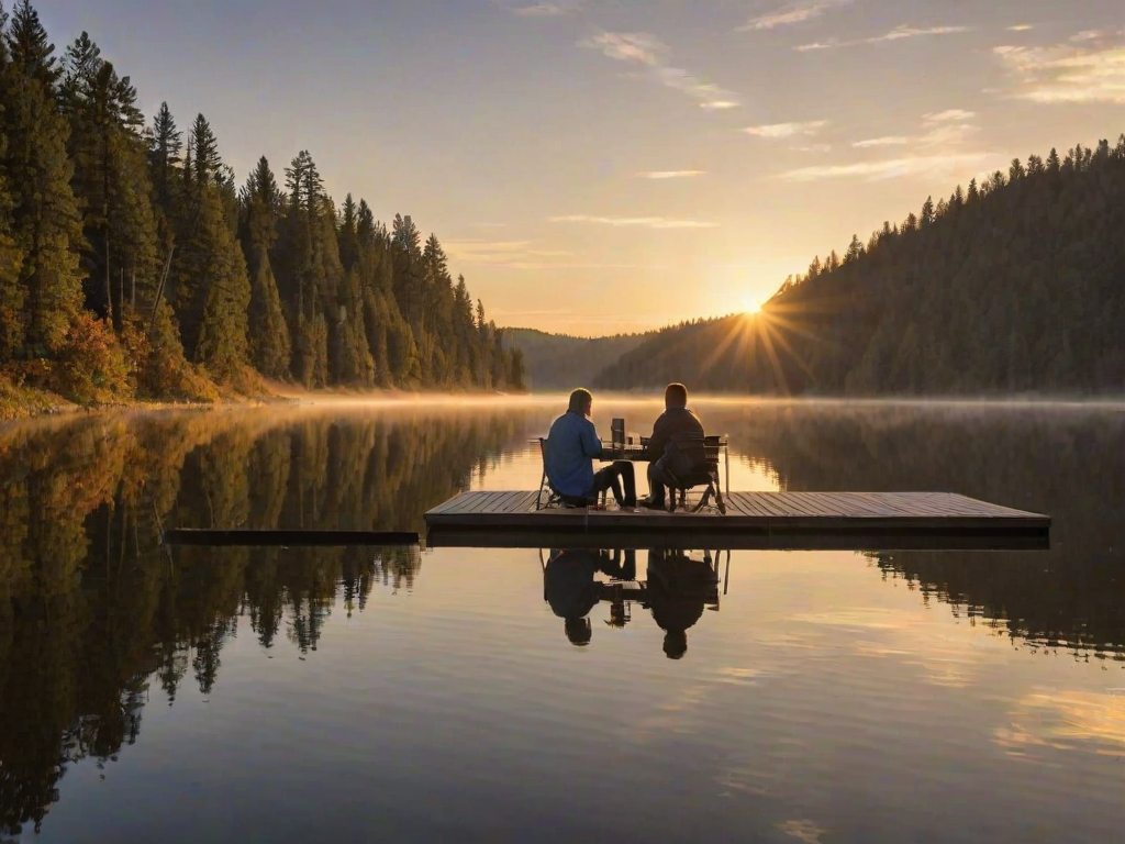 Scenic lakeside dock at sunrise, a couple enjoying coffee while watching the reflection of the sun on the water, creating a peaceful and romantic atmosphere.