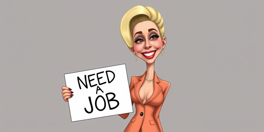caricature of a smiling Lady Gaga in a Peach dress or suit, holding up a sign that says "NEED A JOB", no watermark,