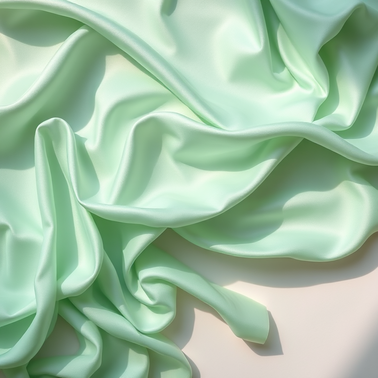soft silk fabric draped elegantly in flowing waves with varying shades of mint green, captured with a Canon EOS R5, 50mm f/1.2 lens, aperture f/2.8, shutter speed 1/125s, ISO 100, using natural light for gentle highlights and shadows on a flat lay surface