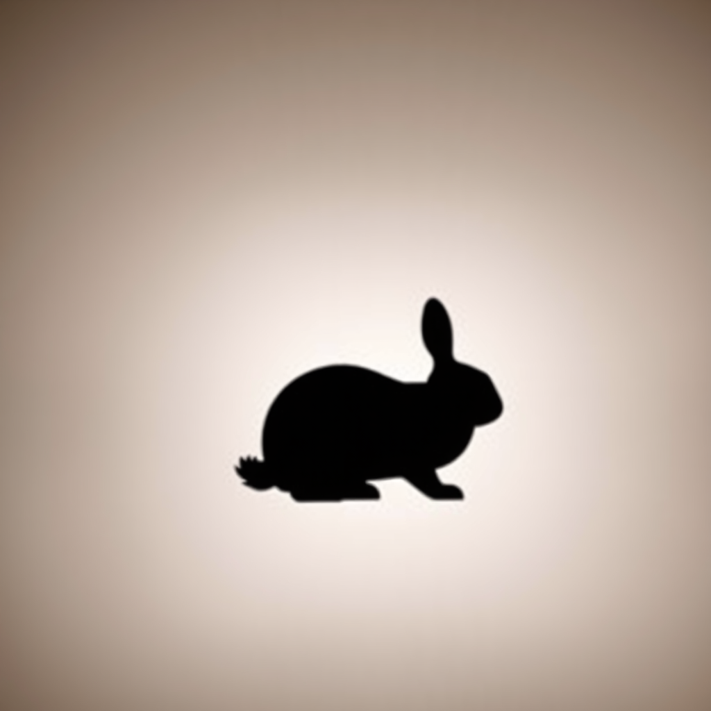 Create a high-resolution silhouette of a rabbit against a simple background, using a DSLR camera with a 50mm lens, aperture set to f/1.8, ISO 100, and a shallow depth of field for a soft blur effect.