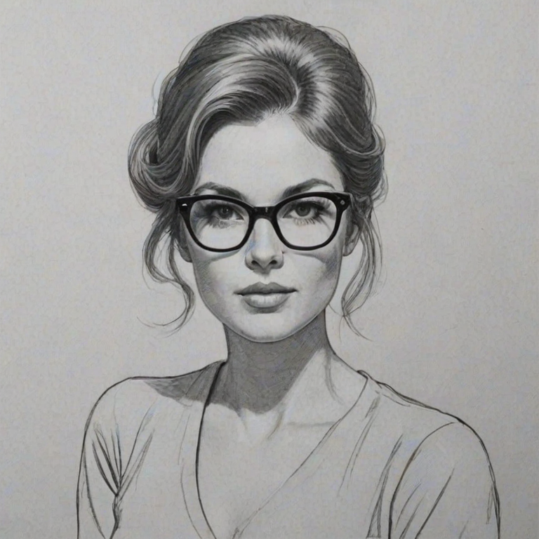 Fetching Martha MacIsaac, pencil sketch, portrait of Stunning woman 1960s in glasses, hair style beatnik, outline, clear lines, fine lines, 8k