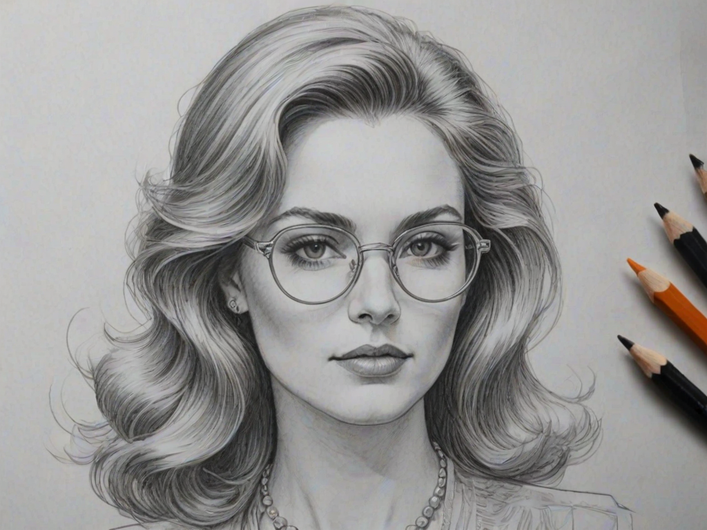 Resplendent Jewel, pencil sketch, portrait of Ravishing woman 1970s in glasses, hair style beatnik, outline, clear lines, fine lines, 8k