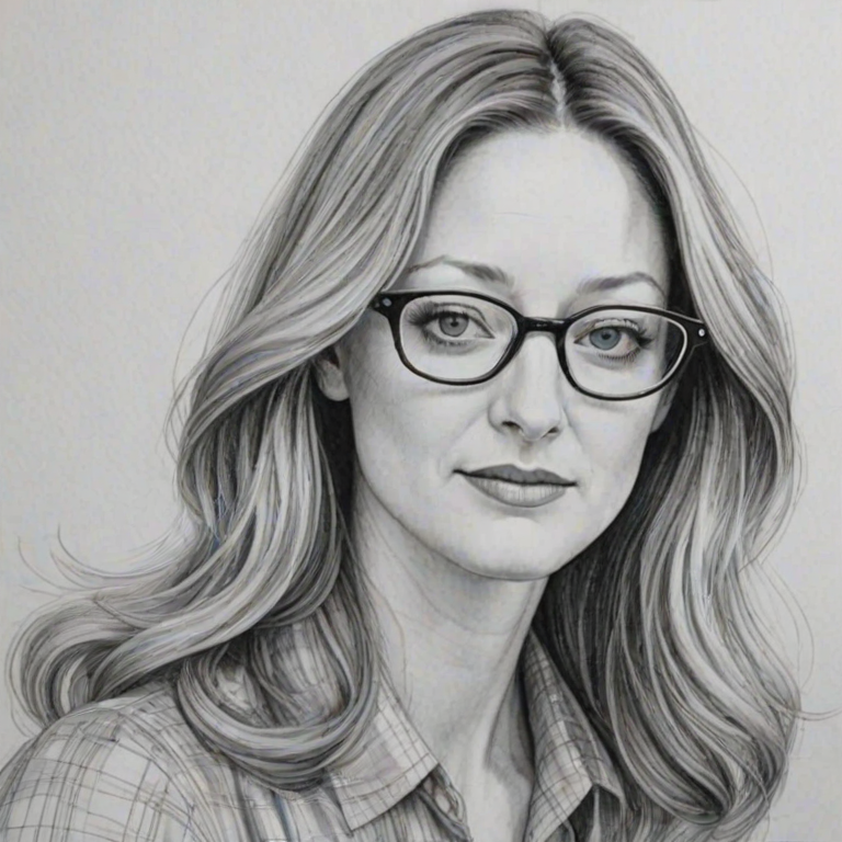 Exquisite Judy Greer, pencil sketch, portrait of Bewitching woman 1967s in glasses, hair style beatnik, outline, clear lines, fine lines, 8k