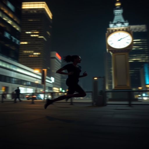 silhouette of a person running in a cityscape at night with a blurry clock in the background, wide-angle lens, ISO 400, f/2.8, 1/60 sec exposure, shot with a DSLR camera using long exposure for dynamic motion effect