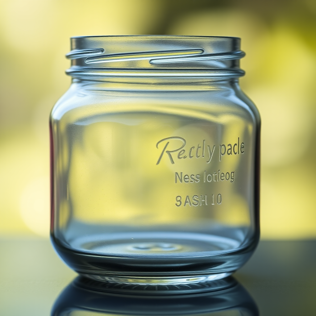 create a high-resolution image of a glass jar with a slightly reflective surface, captured in natural light using a Canon EOS R5 camera with a 50mm lens, aperture f/2.8, ISO 100, and a shallow depth of field to enhance the jar's details and create a soft background blur