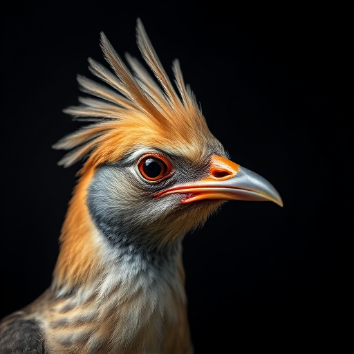 Portrait of a bird with a dramatic crest and striking features against a dark background, 50mm lens, f/1.8 aperture, ISO 100, soft focus, shallow depth of field, DSLR camera.