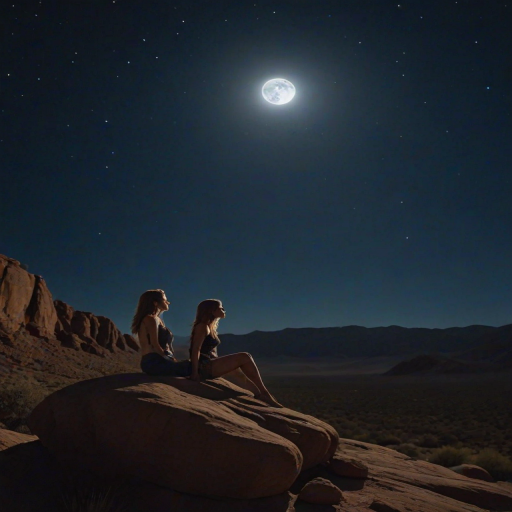 Desert landscape under a full moon, the stars twinkling brightly overhead, a woman sits on a rock, staring up at the vast night sky, her silhouette illuminated by the moonlight.