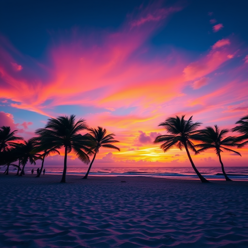 tropical beach at sunset with palm trees silhouetted against a vibrant sky, shot with a Canon EOS R5, 24-70mm lens, aperture f/8, ISO 100, 1/125 sec, wide-angle view, high dynamic range photography