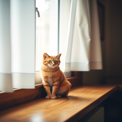 Capture a cozy indoor scene of a ginger cat sitting on a wooden windowsill, with white curtains gently framing the window, natural light streaming in, using a DSLR camera at f/2.8, ISO 100, 1/100 sec, captured in landscape orientation with a soft focus background.