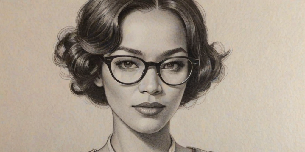 Magnificent Heather Hemmens, pencil sketch, portrait of Magnificent woman 1925s in glasses, hair style beatnik, outline, clear lines, fine lines, 8k