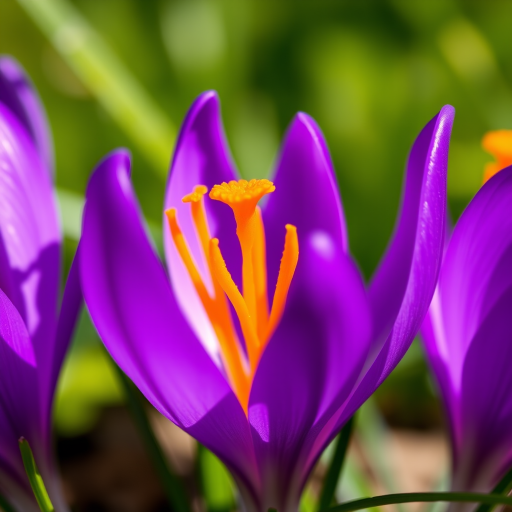 a close-up shot of a vibrant purple crocus flower with bright orange stamens, captured with a DSLR camera at f/2.8 aperture, ISO 100, 1/200 second shutter speed, natural light, with a blurred green background for depth, macro lens used