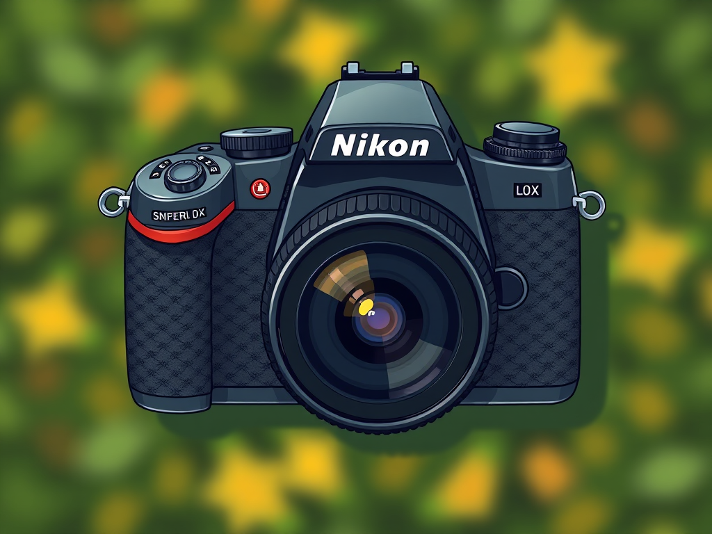 Create an illustration of a Nikon DX camera from a top-down view, emphasizing the lens and camera controls, using high-resolution settings with a 50mm lens at f/5.6, ISO 100, and a soft focus background to enhance clarity and detail.