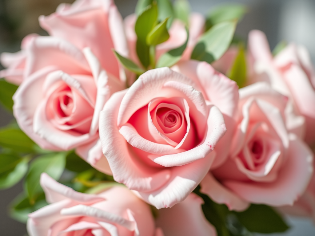 a bouquet of soft pink roses with delicate green leaves, captured in natural light, macro lens, f/2.8 aperture, ISO 100, shallow depth of field, DSLR camera, high-resolution image