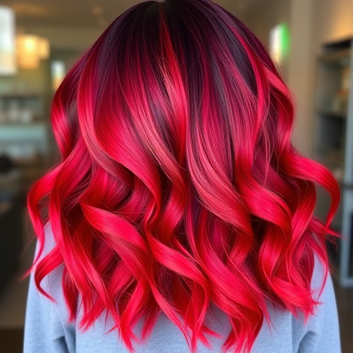Vibrant cherry red ombre hair cascading in loose waves, Scarlet Sunset style, featuring deep burgundy roots transitioning to bright crimson tips, shimmering with glossy highlights and bouncy volume