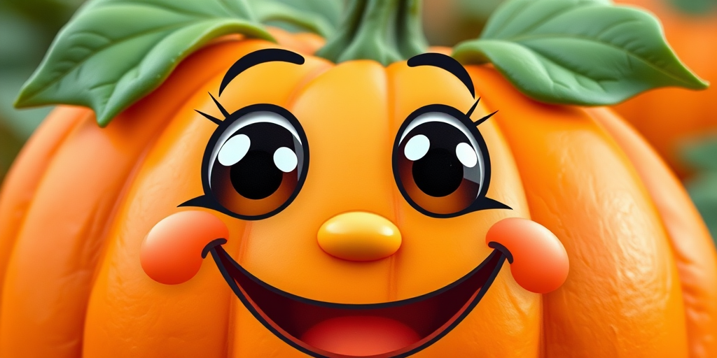 A cheerful cartoon pumpkin with big eyes and a wide smile, vibrant orange color, green leaves, and a playful expression, shot with a DSLR camera, 50mm lens, f/2.8 aperture, ISO 100, natural lighting, close-up view.