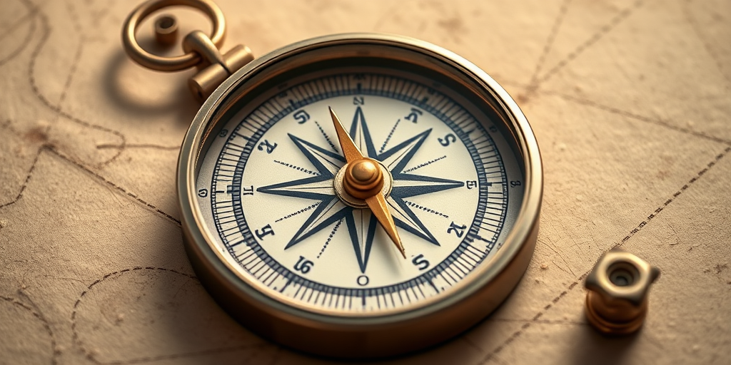Create a highly detailed illustration of a compass with clear directional markings, using a Canon EOS R5 camera, 50mm lens, f/1.8 aperture, ISO 100, with a flat lay perspective and soft natural lighting to enhance image quality.
