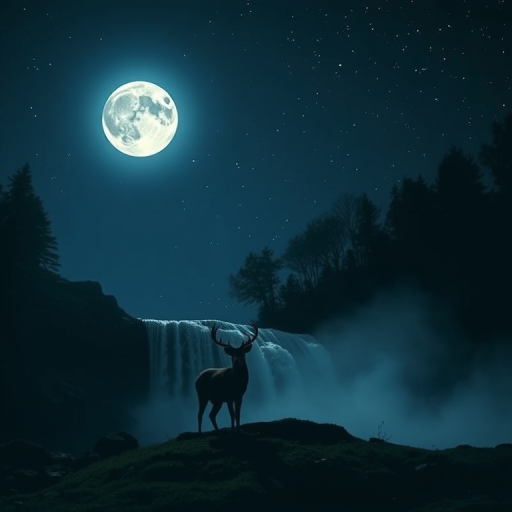 Generate a serene night landscape featuring a silhouetted deer near a waterfall under a full moon with a starry sky, using a DSLR camera with a 50mm lens, aperture set to f/2.8, ISO 400, and a low angle view to enhance depth and detail.