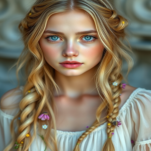 Create an image of a young Armenian woman with long, wavy blonde hair, adorned with small, colorful flowers woven into her braids and loose strands. Her complexion is fair, with soft, glowing skin, and she has light blue eyes that gaze softly at the viewer. She wears a light, flowing dress with a gentle, ethereal quality, complementing her delicate and serene appearance. The background is slightly blurred, drawing focus to her tranquil expression and the intricate details of the flowers in her hair. The overall mood of the image is one of natural beauty and grace, evoking a sense of peacefulness and connection with nature.