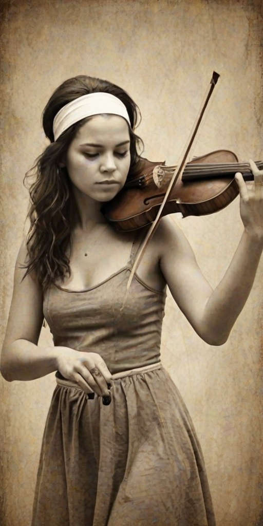 a young M'tis woman with a white headband playing a violin, in the style of a charcoal drawing, sepia grunge background