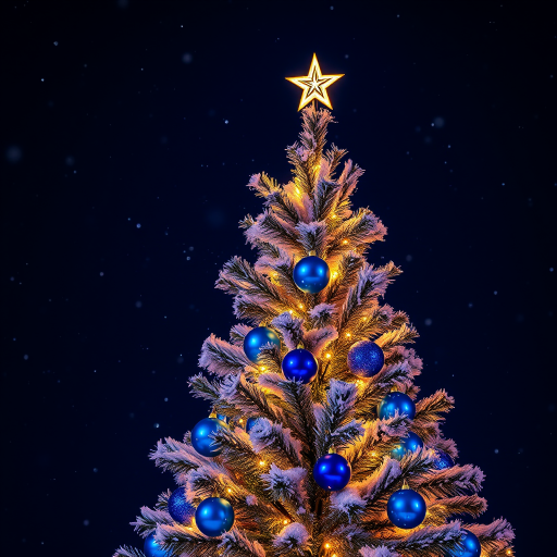 a beautifully decorated Christmas tree illuminated with twinkling blue ornaments and golden star at the top, against a dark blue snowy background, shot with a DSLR camera at f/2.8 aperture, 50mm lens, ISO 100, 1/60 sec shutter speed, high dynamic range imaging for rich colors and details